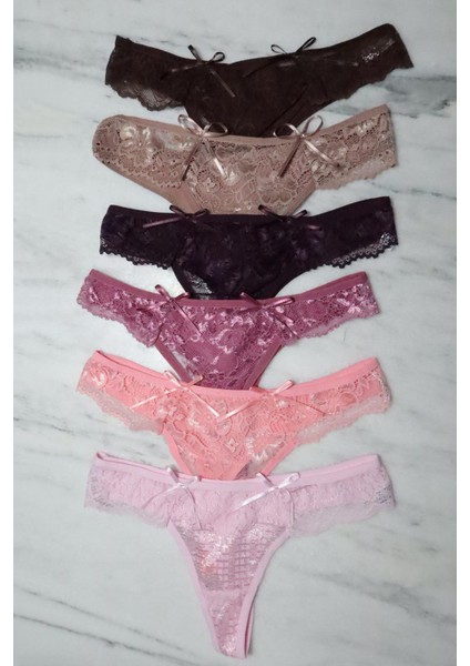 Kadın 6'lı Kombin Dantel Tanga Kahverengi, Vizon, Mürdüm, Gül Kurusu, Somon, Pembe