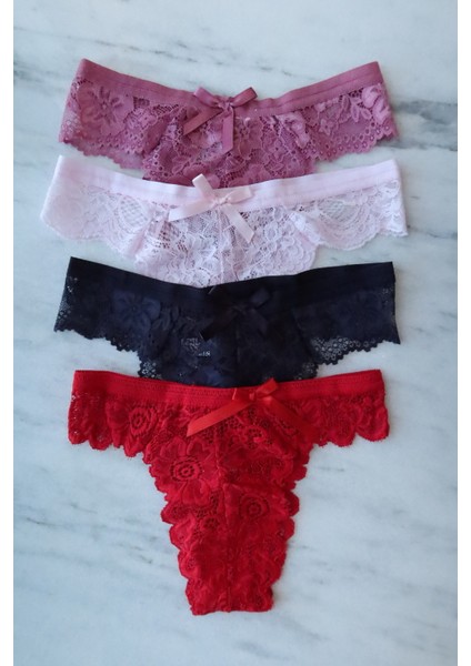 Kadın 4'lü Kombin Dantel Tanga Gül Kurusu, Pembe, Kırmızı, Lacivert