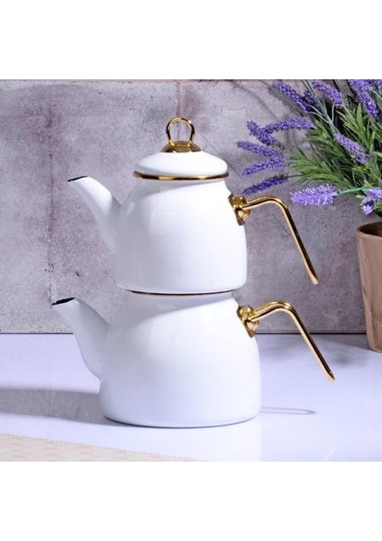 Emaye Modern Çaydanlık Takımı Beyaz