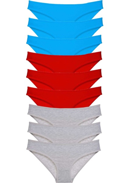 9 Adet Süper Eko Set Likralı Kadın Slip Külot Kırmızı Gri Mavi