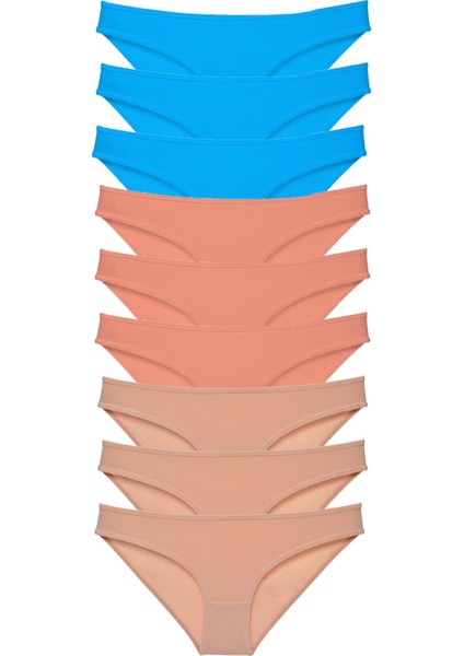 9 Adet Süper Eko Set Likralı Kadın Slip Külot Pudra Ten Mavi