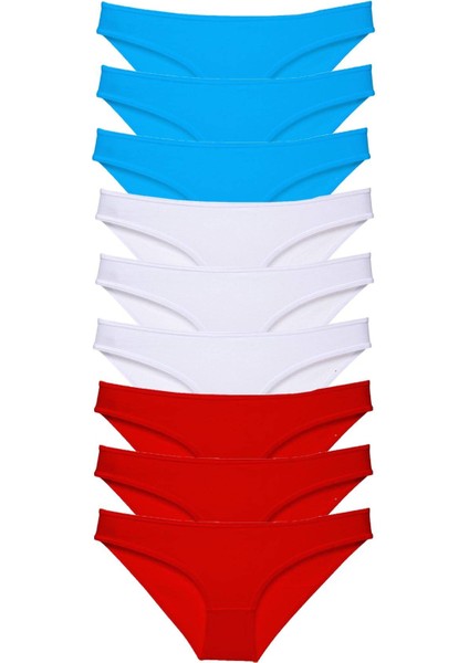 9 Adet Süper Eko Set Likralı Kadın Slip Külot Kırmızı Beyaz Mavi