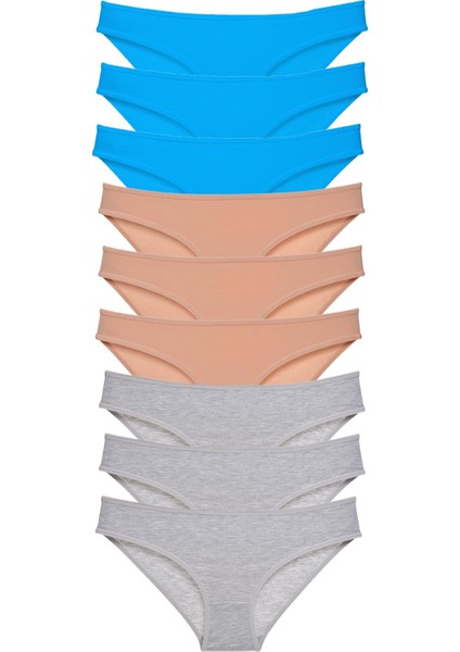 9 Adet Süper Eko Set Likralı Kadın Slip Külot Ten Gri Mavi