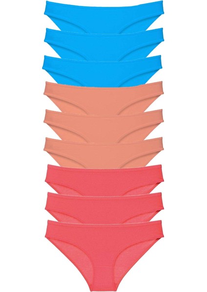 9 Adet Süper Eko Set Likralı Kadın Slip Külot Pudra Fuşya Mavi