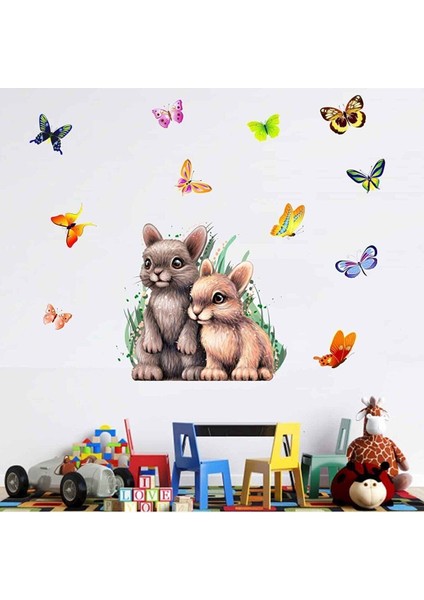 Sevimli Tavşanlar ve Renkli Kelebekler Pvc Çocuk Odası Duvar Sticker Seti