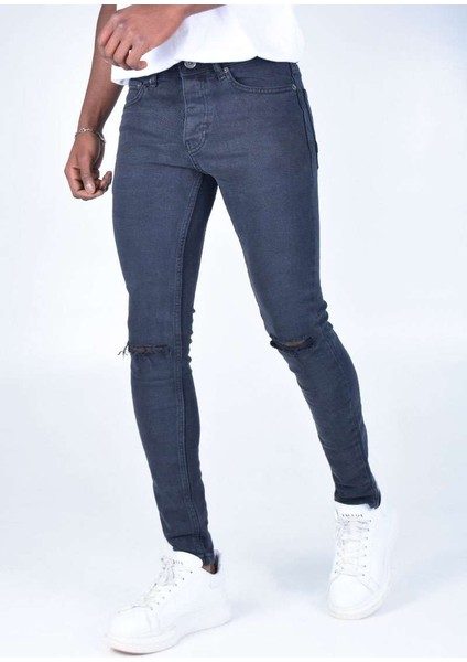 Erkek Skınnyfit Yırtık Kot Pantolon K1400 - Füme