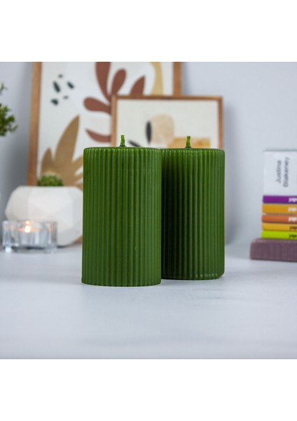 Oluklu Silindir 2'li Mum Seti 10 cm Yeşil