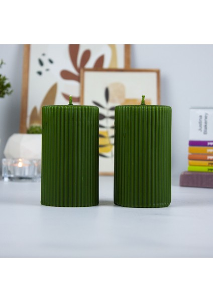 Oluklu Silindir 2'li Mum Seti 10 cm Yeşil fiyatları