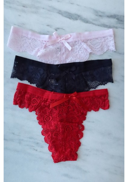 Kadın 3'lü Kombin Dantel Tanga Pembe, Lacivert, Kırmızı