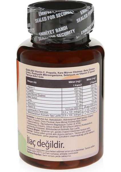 Q More 60 Kapsül Vitamin C-d, Propolis, Probiyotik, Çinko, Selenyum, Beta Glukan ve Kara Mürver içeren Takviye Edici Gıda