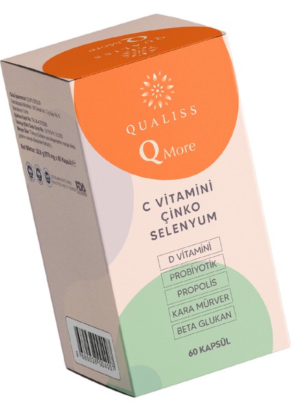 Q More 60 Kapsül Vitamin C-d, Propolis, Probiyotik, Çinko, Selenyum, Beta Glukan ve Kara Mürver içeren Takviye Edici Gıda