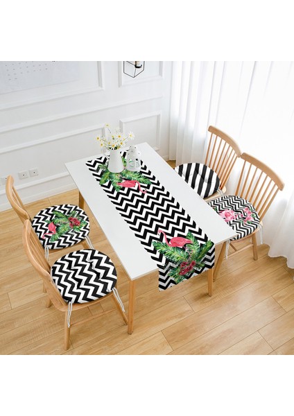 Zizag Zeminli Flamingo Tasarımlı 4 Yuvarlak Pofidik Sandalye Minderi ve 1 Runner Seti