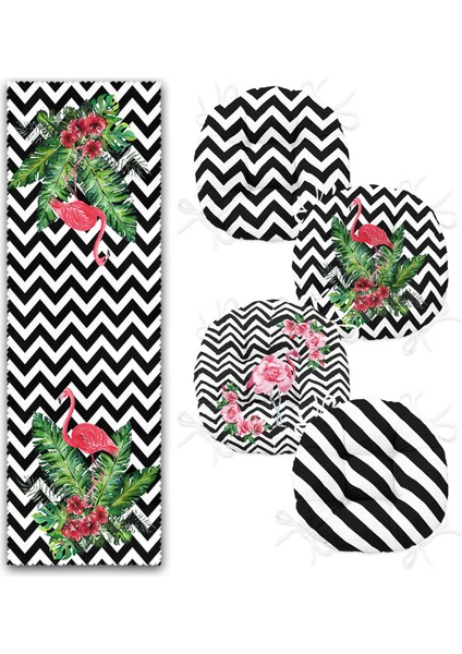 Zizag Zeminli Flamingo Tasarımlı 4 Yuvarlak Pofidik Sandalye Minderi ve 1 Runner Seti fiyatları