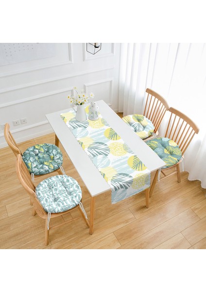 Modern Yaprak Tasarımlı 4 Yuvarlak Pofidik Sandalye Minderi ve 1 Runner Seti