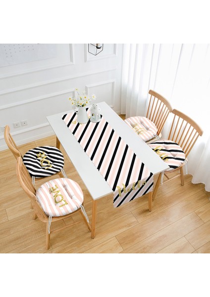 Çizgili Zeminde Hello & Love Özel Tasarımlı 4 Yuvarlak Pofidik Sandalye Minderi ve 1 Runner Seti