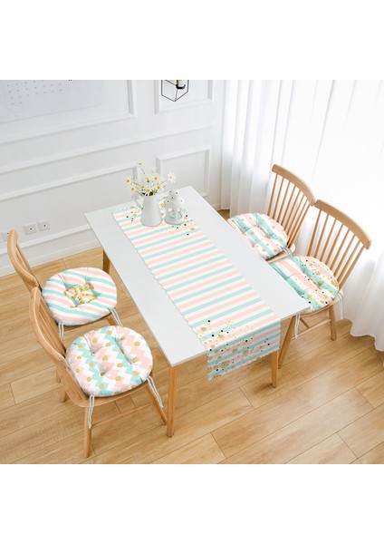 Renkli Çizgi Zeminli Gold Tetaylı Dijital Baskılı 4 Yuvarlak Pofidik Sandalye Minderi 1 Runner Seti