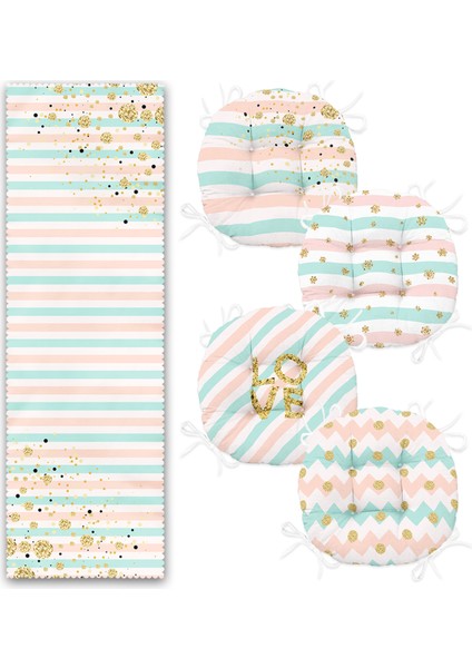 Renkli Çizgi Zeminli Gold Tetaylı Dijital Baskılı 4 Yuvarlak Pofidik Sandalye Minderi 1 Runner Seti fiyatları