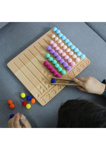 Montessori Eğitici Ahşap Oyuncak – Renkli Keçe Topları Sayıları Öğrenme Tahtası