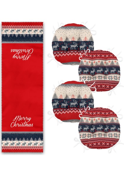 Mery Christmas Geyik Motifli 4 Yuvarlak Pofidik Sandalye Minderi ve 1 Runner Seti fiyatları