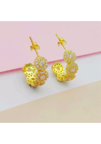 Gold Taşlı Halka 925 Ayar Gümüş Küpe