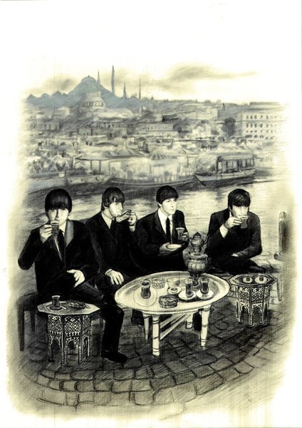 Kanvas Baskı Tablo The Beatles Müzik Grubu Sahilde Çay Içiyor