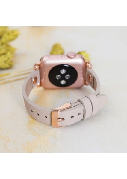 Apple Watch Uyumlu 38 40 41 mm Kadın Deri Kordon Slim - Bej modelleri