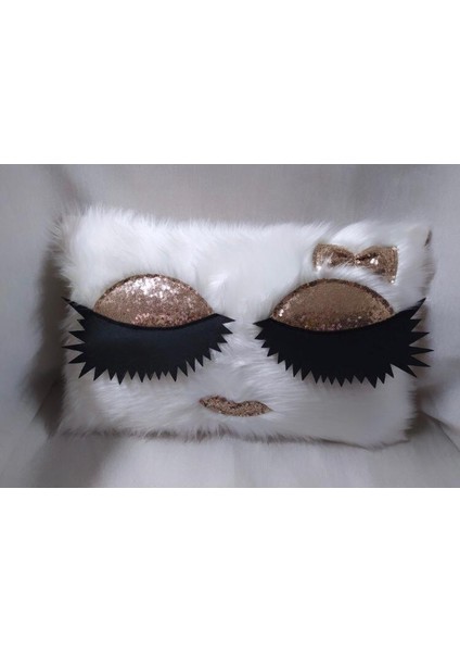 Kirpikli Peluş Kırlent Kılıfı - (Beyaz Peluş - Bakır Kirpik)