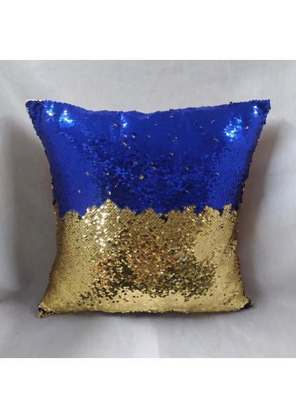 Pullu Payetli Kırlent Kılıfı - (Saks Mavisi - Gold)