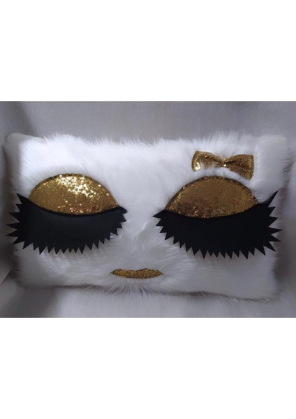Kirpikli Peluş Kırlent Kılıfı - (Beyaz Peluş - Gold Kirpik)