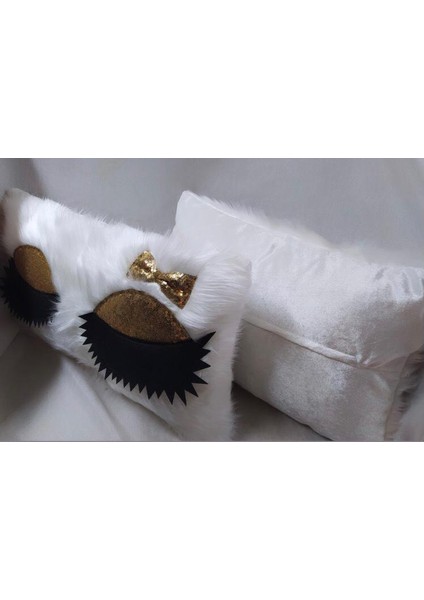 Kirpikli Peluş Kırlent Kılıfı - (Beyaz Peluş - Gold Kirpik) modelleri