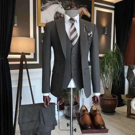 Terzi Adem Italyan Stil Slim Çizgili Ceket Yelek Pantolon Takım Elbise Kahverengi T6649