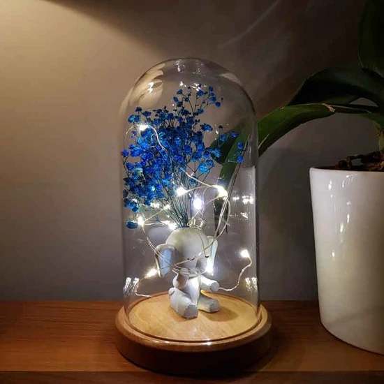 By-Lamp Işıklı Cam Fanus Mavi Kulak Fil Figürlü Lamba (Ahşap Taban)