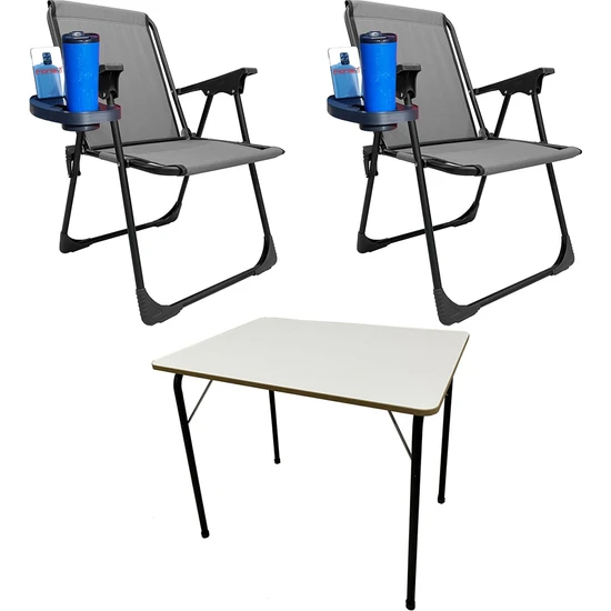 Moniev 2 Adet Kamp Sandalyesi Katlanır Piknik Sandalye Oval Bardaklıklı Gri + MDF Masa