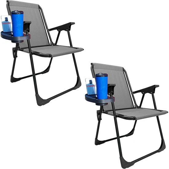 Moniev 2 Adet Kamp Sandalyesi Katlanır Piknik Sandalye Oval Bardaklıklı Gri