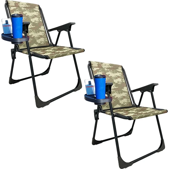 Moniev 2 Adet Kamp Sandalyesi Katlanır Piknik Sandalye Oval Bardaklıklı Kamuflaj