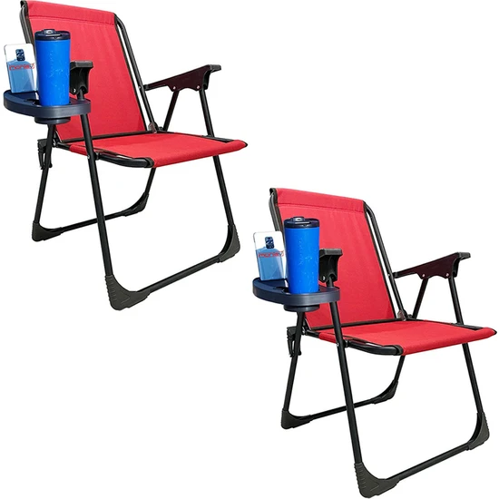Moniev Natura 2 Adet Kamp Sandalyesi Katlanır Piknik Sandalye Oval Bardaklıklı Kırmızı