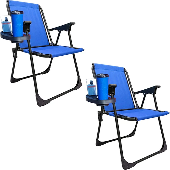 Moniev 2 Adet Kamp Sandalyesi Katlanır Piknik Sandalye Oval Bardaklıklı Mavi