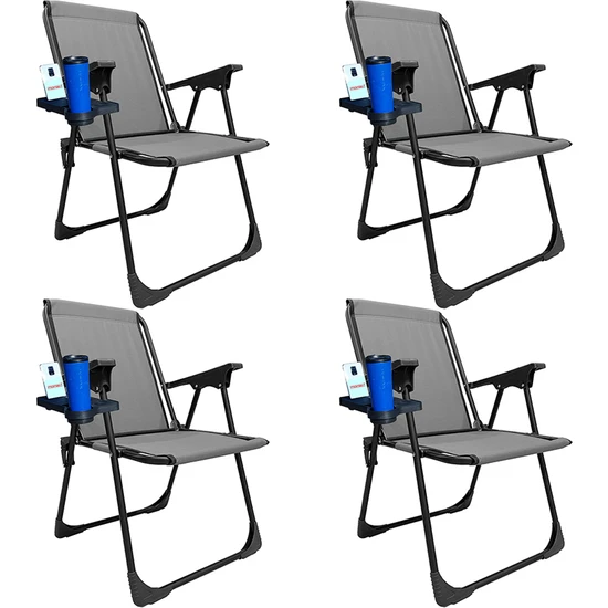Moniev 4 Adet Kamp Sandalyesi Katlanır Piknik Sandalye Dikdörtgen Bardaklıklı Gri