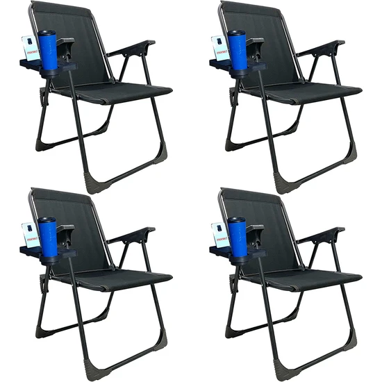 Moniev 4 Adet Kamp Sandalyesi Katlanır Piknik Sandalye Dikdörtgen Bardaklıklı Siyah