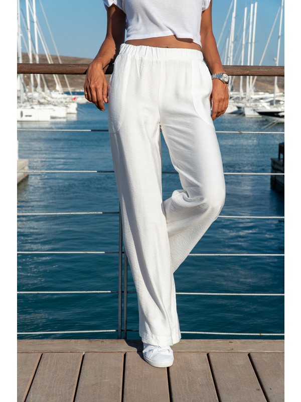 Güneş Kızı Kadın Beyaz Keten Beli Lastikli Salaş Pantolon GK-BST2933