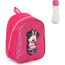 Pembe Parlak Dikişli Minnie Mouse Baskılı Anaokulu Çantası + Suluk - Kreş Çantası