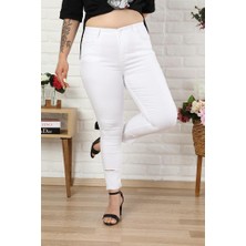 ViolettaXL Kadın Beyaz Büyük Beden Paçaları Yırtık Cepli Full Likralı Yüksek Bel Gabardin Pantolon