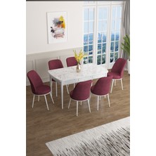 Canisa Concept Han Serisi 70 x 114 Cm, Açılabilir Mdf Mutfak Masa Takımı, Beyaz Mermer Desen Masa ve 6 Sandalye