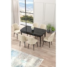 Canisa Concept Nef Serisi 70 x 114 Cm, Açılabilir Mdf Mutfak Masa Takımı, Siyah Mermer Desen Masa ve 6 Sandalye