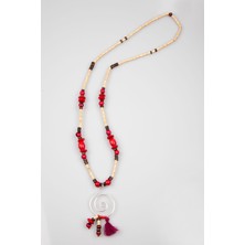 Lila Rosa Ahşap Boncuklu Otantik Bohem Uzun Kolye