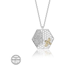 925 Gümüş Swarovski Taşlı Petek ve Arı 925 Ayar Gümüş Kolye