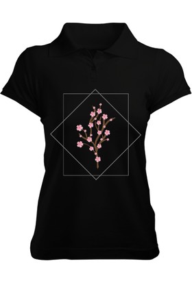 Tisho Çiçekli Siyah Renk Kadın Polo Yaka Tişört