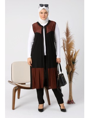 Kadin Buyuk Beden Transparan Taşlı Uzun Yelek