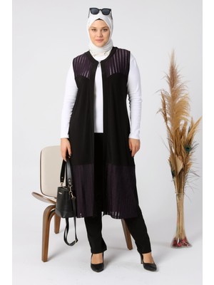 Kadin Buyuk Beden Transparan Taşlı Uzun Yelek