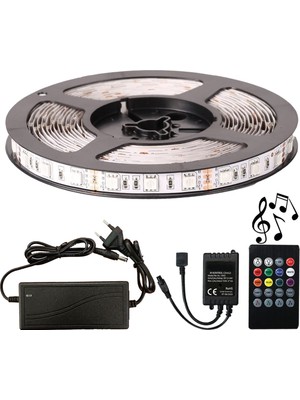 Amber LED Rgb Şerit LED Sese ve Müziğe Duyarlı Kumanda 5050 3 Çipli 7 Metre 12 V